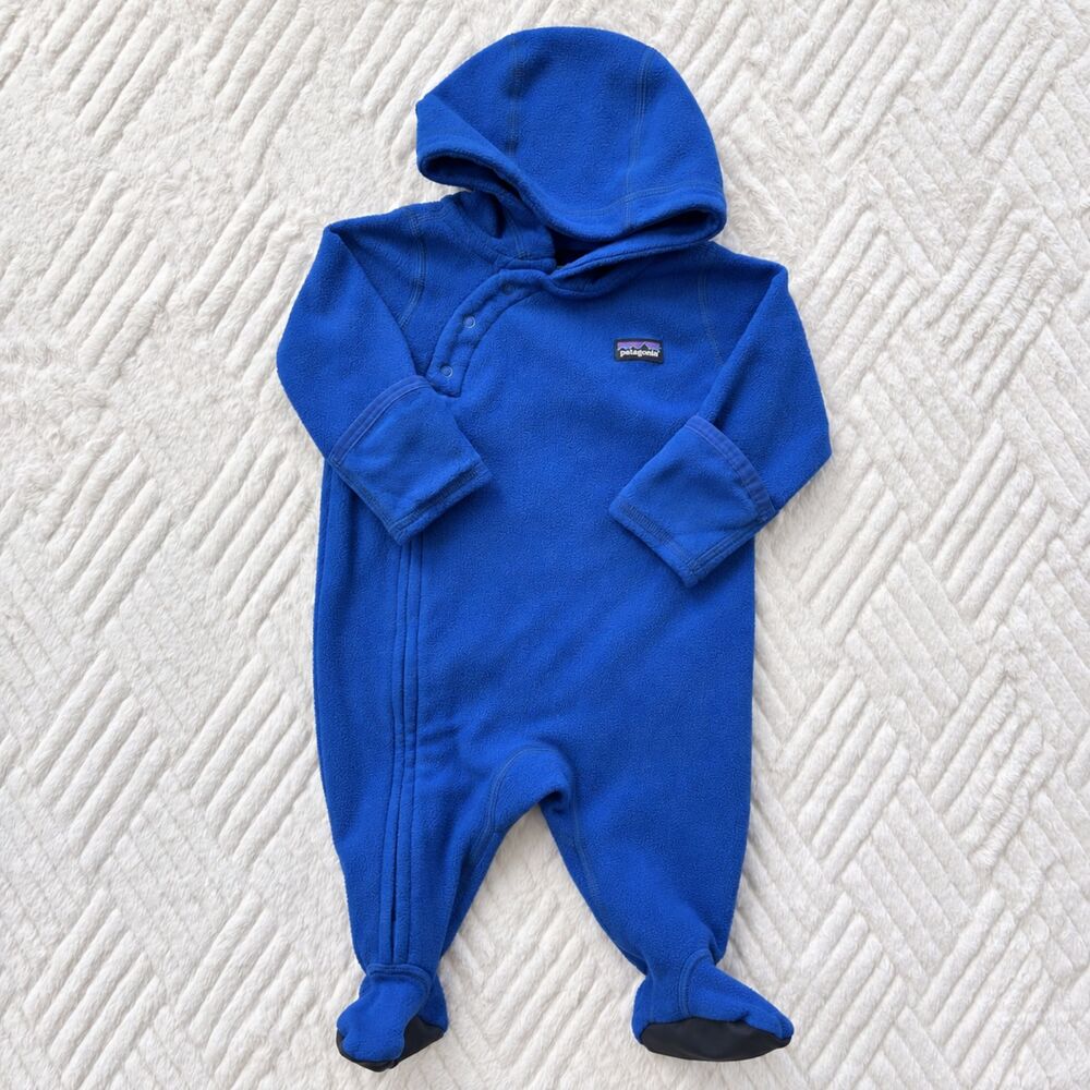 Patagonia Baby 0-3M Micro D Fleece Bunting Blue Hooded Footed Snowsuit Romper
